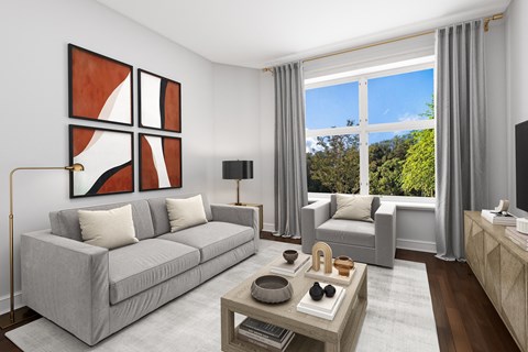 a rendering of a living room with a couch and a coffee table